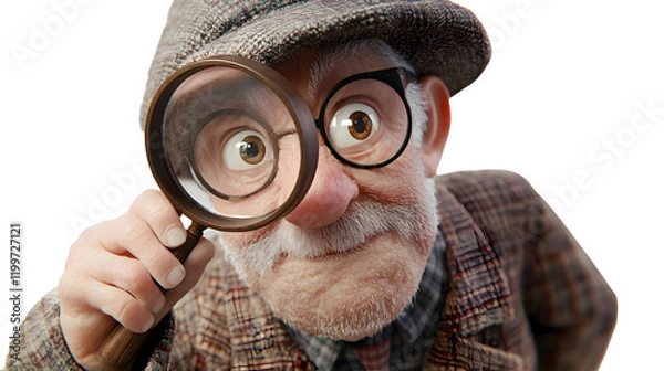 Fototapeta A cartoon grandfather looking through a magnifying glass trying to read small texts, 3d style, transparent background