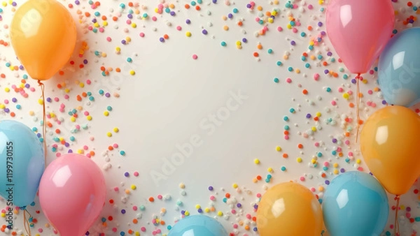 Fototapeta Happy Birthday background with copy space for text, confetti and balloons