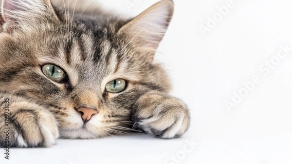 Obraz Cat Portrait: A captivating close-up of a longhaired cat with piercing green eyes, resting its head on paws with an air of quiet contemplation.