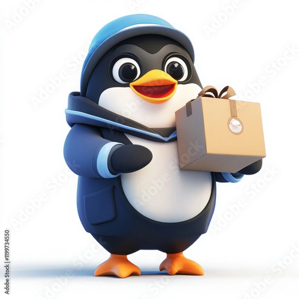 Fototapeta Cute penguin character holding gift box, wearing blue hat and jacket