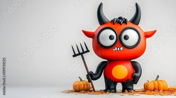 Fototapeta Whimsical Cartoon Devil Character with Pitchfork Surrounded by Pumpkins and Autumn Leaves for Halloween Festivities and Celebrations