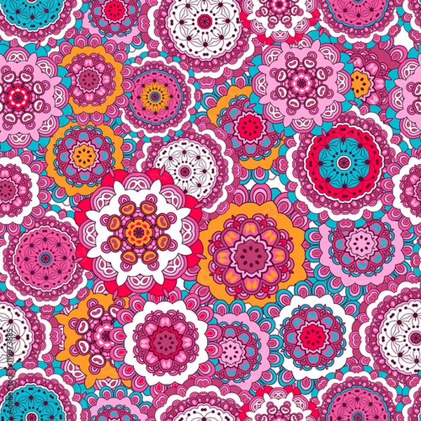 Fototapeta Seamless pattern with doodles elements  very detailed. decorated  mandala. multicolored flowers