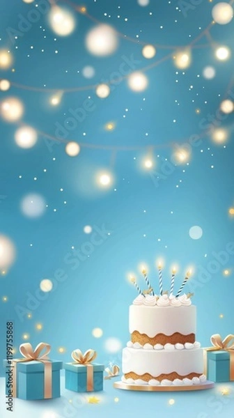 Obraz Joyful celebration with a multilayered cake under fairy lights festive atmosphere enchanting setting close-up party concept