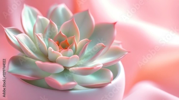 Fototapeta An ultra-high resolution close-up of a single succulent plant in a minimalist white ceramic pot. The plant's leaves have rich, smooth textures, with hints of soft green and lavender tones. 