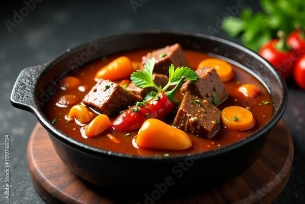 Fototapeta Delicious beef stew with fresh vegetables served in a cast iron pot.