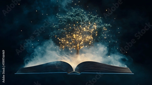 Obraz An open book with an enchanted forest inside, glowing with magical light, creating a mystical and captivating scene of fantasy and imagination.
