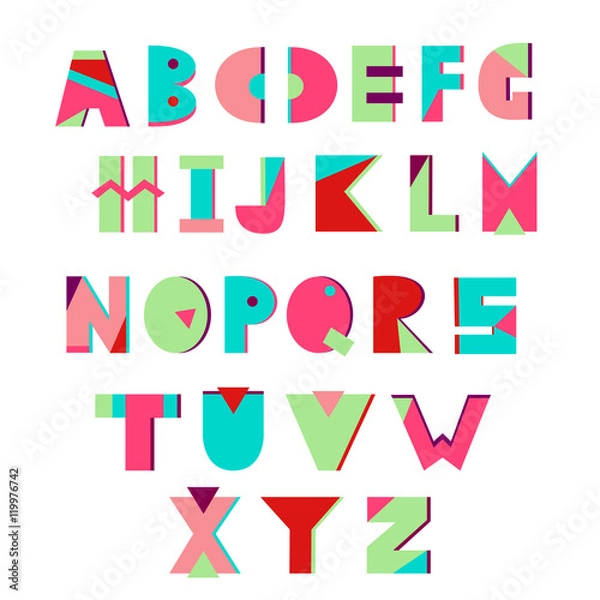 Obraz Colorful creative alphabet.  Geometric style. Vector. Memphis style. 80s - 90s style.