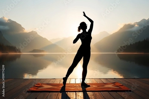 Obraz Der Schatten einer Person auf einer Yogamatte zeichnet sich vor einem stillen See im Sonnenaufgang ab, umgeben von nebelverhangenen Bergen. Das Bild symbolisiert Balance, Achtsamkeit und innere Stärke