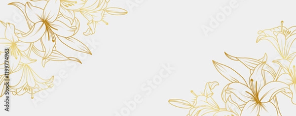 Obraz Luxury gold lily flowers background. Floral pattern tropical in line art style for greeting, invitation, wedding card, wall art, wallpaper and print. Vector illustration