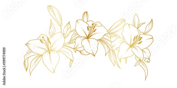 Obraz Golden lily flowers line art isolated on white background. Luxury lilies floral design elements for invitation, wedding, wallpaper, print template, vector illustration