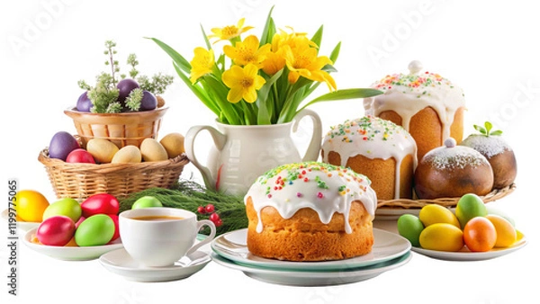 Fototapeta easter still life with eggs and daffodils transparent background
