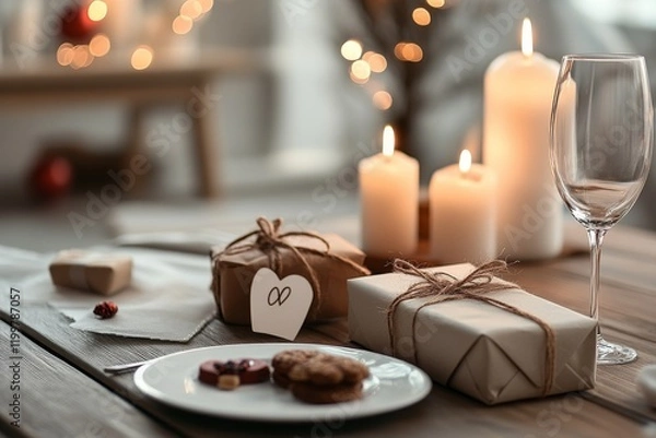 Obraz Festive setting with wrapped gifts, candles, and dessert on a rustic table
