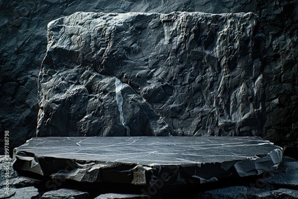 Fototapeta High Detail Image of Dark Stone Podium with Textured Rocky Background for Product Display