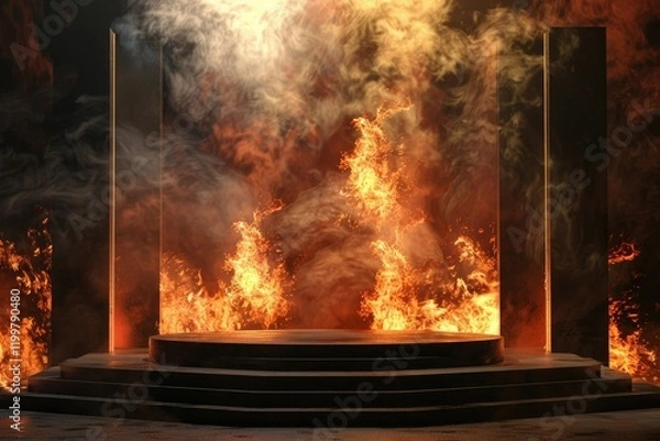 Fototapeta Vibrant Color Image of Empty Podium Stage with Flames and Smoke Background