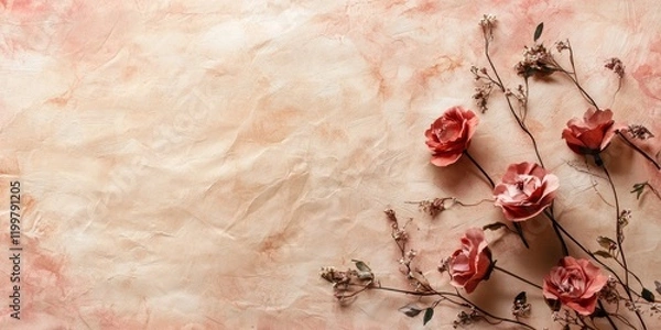 Obraz Rustic Valentine's Day backdrop with textured parchment paper designs in warm pinks and tans, offering generous copy space in the top third. 
