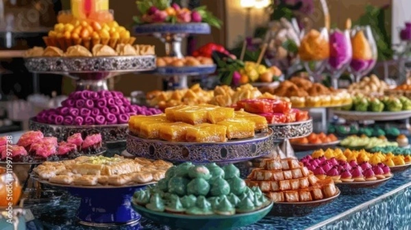 Fototapeta A colorful display of Ramadan desserts like baklava and qatayef