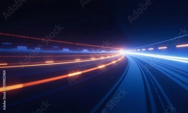 Fototapeta Futuristic highway, night drive, data stream, speed.