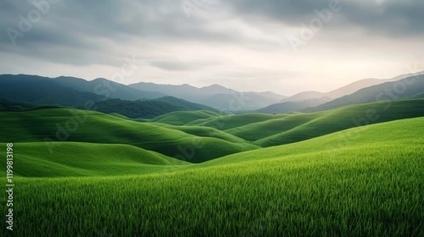 Fototapeta Elegant summer Indian monsoon landscape with vibrant green rice paddies pastel skies and atmospheric morning mist glowing in soft light serene and tranquil Canon 5D Mark IV photostock style 