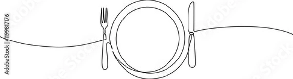 Obraz continuous line drawing of fork and knife with plate, line art vector illustration