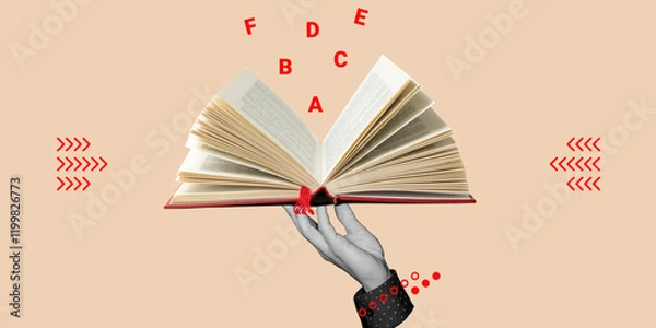 Fototapeta Hand holding open book with letters flying out, symbolizing education, knowledge, or creativity. Minimalist art collage