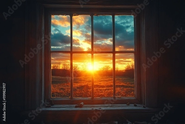 Fototapeta Sunset viewed through rustic windowpanes.
