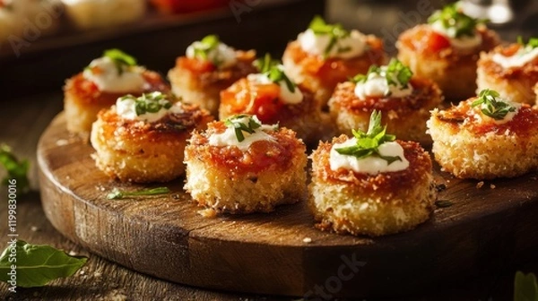 Fototapeta Crispy tomato and cheese bites topped with fresh herbs on wooden board