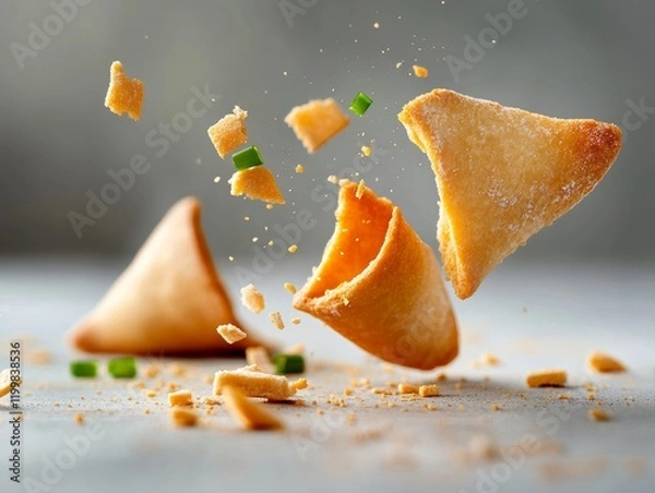 Fototapeta A vibrant image of crispy samosas, some broken open, showcasing their delicious filling and scattered crumbs.