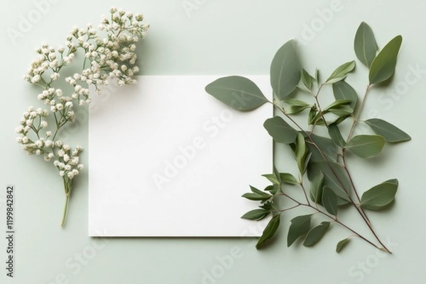 Fototapeta Elegant arrangement of fresh foliage and white paper on soft green background for crafting or design inspiration