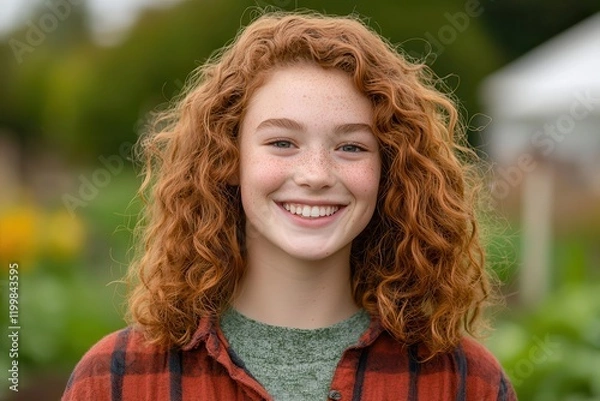Fototapeta Sustainable community through innovation for well-being Smiling girl with curly hair in a green field setting.