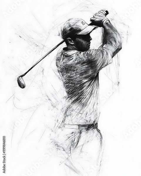 Fototapeta Dynamic sketch of a golfer's powerful swing, captured in expressive black and white strokes.  A masterful depiction of athleticism and focus.