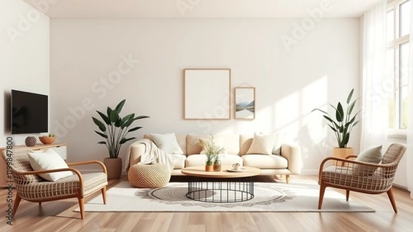 Fototapeta Pastel Boho Living Room Mockup - Minimalist Interior Design 3D Render