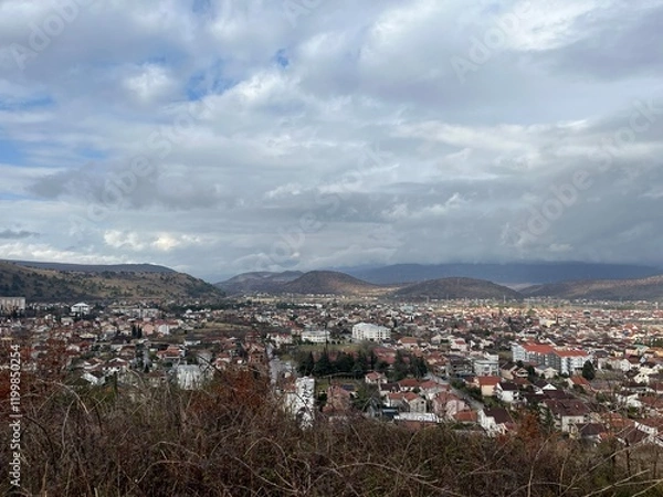 Fototapeta View of Podgorica on a cloudy day after rain. High quality photo