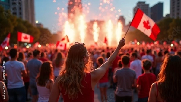 Obraz Vibrant Canada Day celebrations in city square with cheerful crowd waving flags under fireworks
