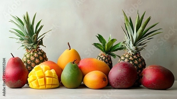 Fototapeta A tropical arrangement of mangoes, pineapples, and papayas, with vibrant colors, on a light surface