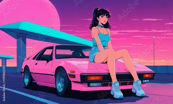 Fototapeta   A modern retro anime scene features a girl sitting on the classic sports car, surrounded by vaporwave-inspired visual elements.
