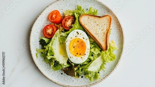 Obraz A clean, modern plate featuring a light salad, a boiled egg, and a small slice of toast