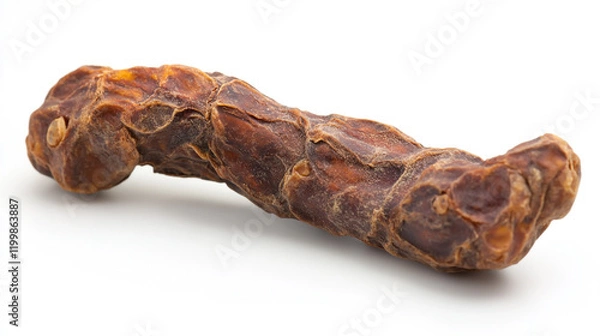 Fototapeta Tamarind pod with rich texture, isolated on a clean white background, full depth of field, vibrant and detailed for stock imagery.