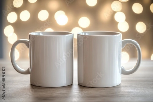 Fototapeta Two Empty White Coffee Mugs on a Wooden Table with Soft Lights