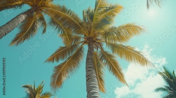 Fototapeta Photo of palm trees, tropical vibes, blue sky, high-angle shot