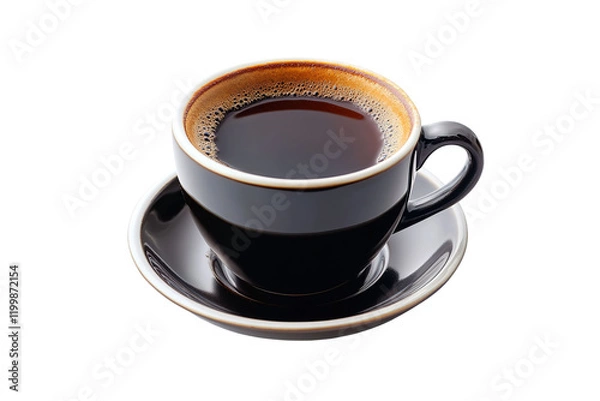 Fototapeta A cup of coffee sits on a saucer , isolated on white background