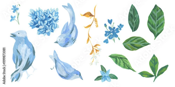Fototapeta Clip art blue birds with leaves and flowers drawn with acrylic on white isolated background. Botanical illustration collection. Designs for greeting cards, stickers, social media, posters.