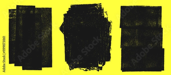 Fototapeta Linocut, relief printing, letterpress rectangle A4 shapes rough textures set, collection. Black linocutting textured backgrounds, text frames. Paint roller geometric stains, lino ink grungy remains	