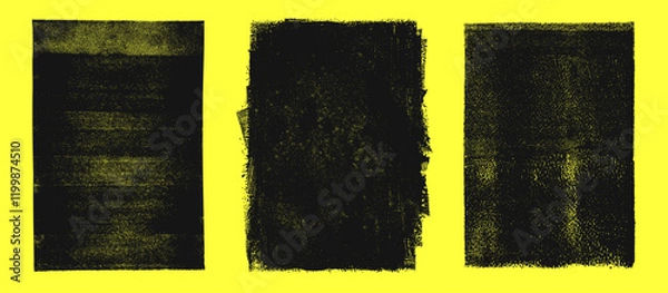 Fototapeta Linocut, relief printing, letterpress rectangle A4 shapes rough textures set, collection. Black linocutting textured backgrounds, text frames. Paint roller geometric stains, lino ink grungy remains	