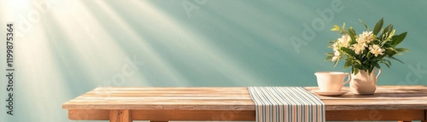 Fototapeta rustic wooden picnic table adorned with vase of flowers and cup, illuminated by soft sunlight, creates warm and inviting atmosphere