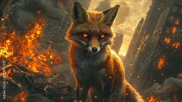 Fototapeta Fire-Eyed Fox Amidst the Ashes of a Once Bustling Metropolis