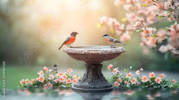 Fototapeta serene birdbath surrounded by blooming flowers and vibrant birds, creating peaceful garden scene. ornate base adds elegance to this tranquil setting