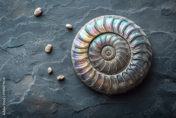Fototapeta A spiral ammonite fossil with iridescent hues set against a weathered slate surface, accompanied by scattered grains of sand, copy space background