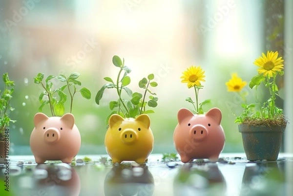 Obraz Piggy banks with growing plants, symbolizing savings and growth.