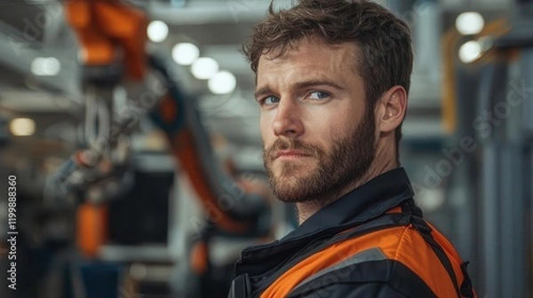 Fototapeta Worker adjusting settings on robotic arms assembling car doors, hightech factory setup