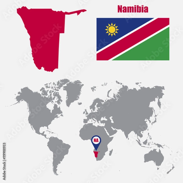 Fototapeta Namibia map on a world map with flag and map pointer. Vector illustration